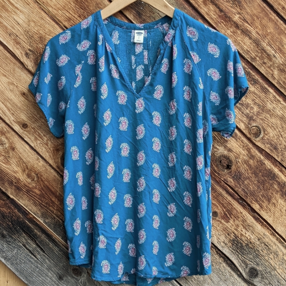 Teal block print style old navy drapey rayon boho blouse Small